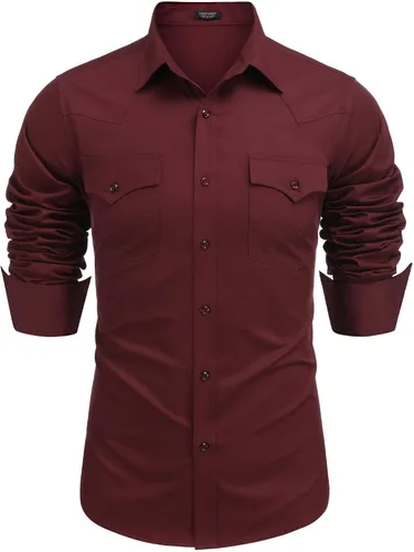 Vista 10 de COOFANDY Camisa vaquera de manga larga para hombre, de algodón, con botones, estilo casual, con bolsillos 01-Negro