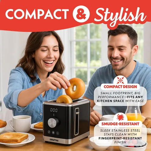 Vista 5 de Gourmia Tostadora de 2 rebanadas: 6 niveles de tostado con modo Bagel y descongelación, tostado de un solo toque, bandeja extraíble para migas