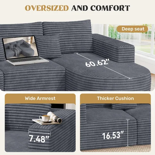 Vista 4 de Sofá seccional modular de 110", sofás de nube para sala de estar, sofá deshuesado con asiento profundo, sofá en forma de L con chaise, no requiere