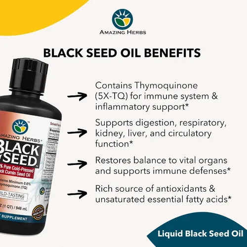 Vista 4 de Amazing Herbs Aceite de semilla negra egipcia, sin gluten, sin OMG, prensado en frío, Nigella sativa ayuda a la salud digestiva, apoyo inmunológico