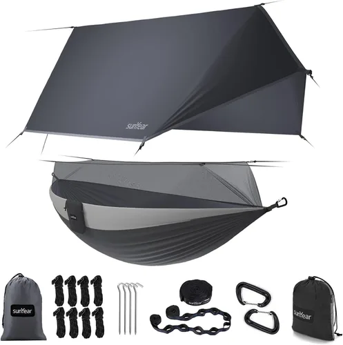 Vista 16 de Sunyear Hamaca de Camping, Hamaca Portátil Individual y Doble con Red, Tienda de Hamaca para 2 Personas con 2 Correas de 3 metros, Ideal para A
