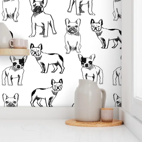 Vista 8 de Despegar y pegar papel tapiz muestra – Bulldog francés negro blanco perros Frenchie monocromo lindo cachorro papel pintado personalizado extraíble