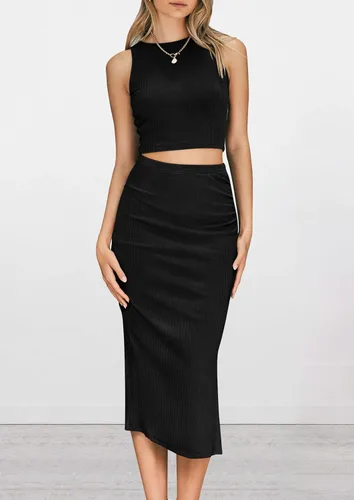 Vista 2 de PRETTYGARDEN Conjunto de 2 piezas de verano para mujer, cuello redondo, sin mangas, con abertura, falda midi