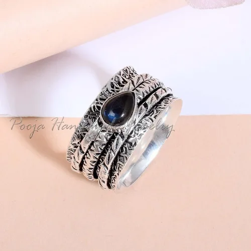 Vista 2 de Natural Labradorite Gemstone, Spinner Band Ring, Fidget Ring, Meditations Gemstone Spinner Ring, 925 Sterling Silver Ring, Thumb Ring, Worry