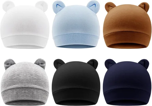 Vista 11 de DRESHOW BQUBO - Paquete de 6 gorros de bebé para niños y niñas, unisex, gorro de punto suave, gorro de guardería para recién nacidos, niños pequeños