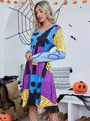 Vista 3 de Disfraces de Halloween para mujer, manga larga, cuello en V, retazos, cosplay, vestido multicolor
