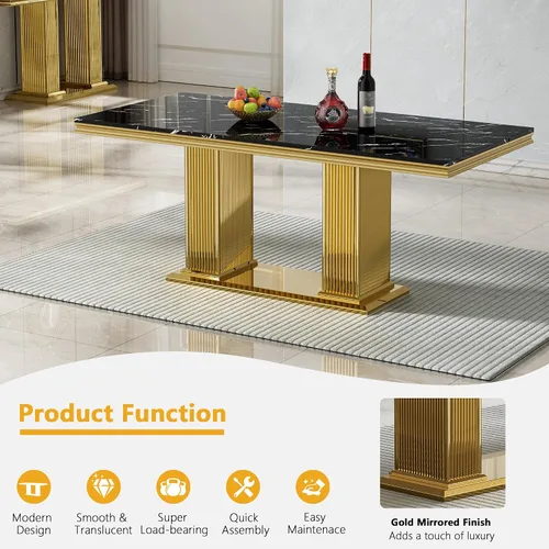 Vista 3 de Juego de mesa de comedor de mármol para 4, mesa de cocina rectangular de mármol negro de 68 pulgadas con base en H de acero inoxidable dorado, juego
