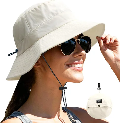 Vista 19 de NPJY Packable Sun Bucket Hat for Women Outdoor Waterproof Rain Hat Beige liso (plegable)