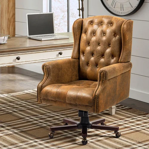 Vista 8 de ECOTOUGE Silla de escritorio ejecutiva mejorada 2026, silla de oficina en casa con respaldo de alas de cuero con ribete de cabeza de clavos y Azul