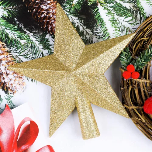 Vista 3 de URATOT Adorno de estrella de Navidad brillante para copa de árbol, decoración decorativa inastillable para árbol de Navidad, estrella dorada, 10 cm