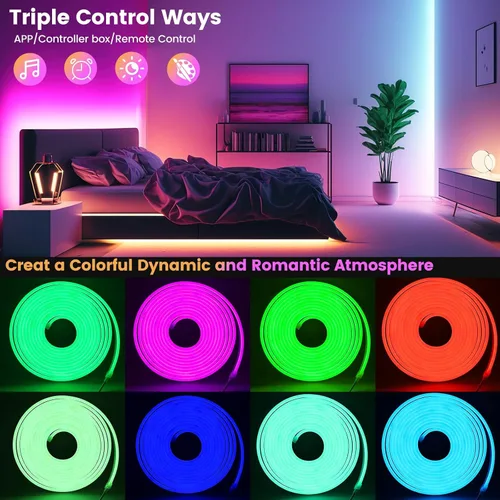 Vista 8 de Cuerda de luces LED de neón de 32.8 pies con aplicación/control remoto, diseño flexible de bricolaje, luces de neón de sincronización de música