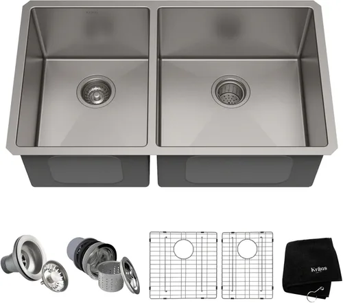 Vista 18 de Kraus Fregaderos de cocina de montaje inferior, fregadero de cocina de acero inoxidable de 32 pulgadas, cuenco doble 60/40, calibre 16