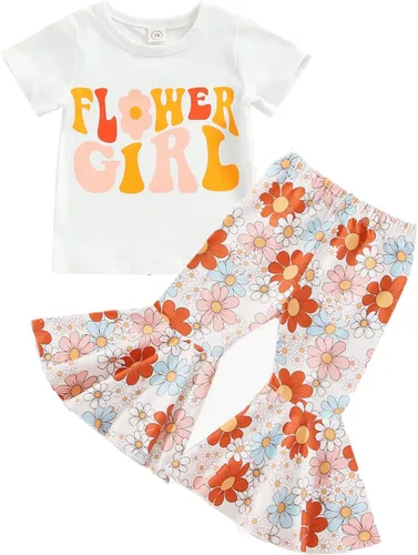 Vista 38 de Eadrioss Ropa para bebé niña pequeña, traje de campana de manga corta, camisa de flores para niños, pantalones florales acampanados, ropa de verano
