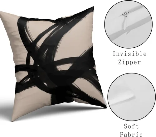 Vista 4 de Juego de 2 fundas de almohada de línea de arte abstracto negro y marrón de 16 x 16 pulgadas, juego de 2 fundas de almohada decorativas con estampado