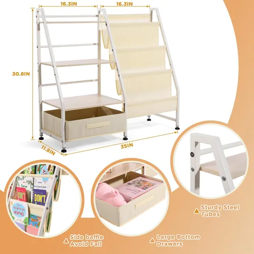 Vista 2 de Estantería para niños y almacenamiento de juguetes para habitaciones de niños, estantería para bebés con 4 estantes de eslinga y organizador