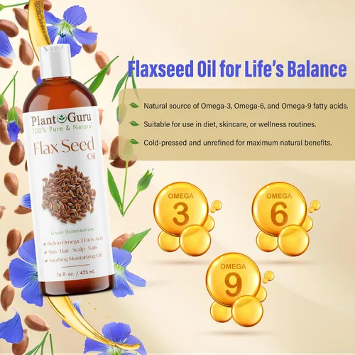 Vista 3 de Plant Guru Aceite de linaza de 2 onzas líquidas. Sin refinar prensado en frío, 100% puro, portador natural para piel, cara, hidratante corporal