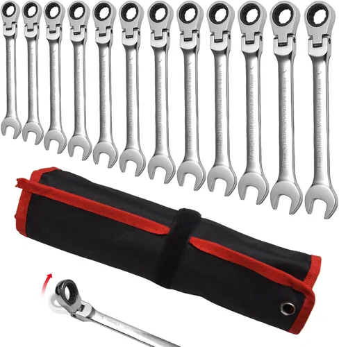 Vista 9 de WISEUP Llave de trinquete, llave CR-V de acero al cromo-vanadio de 0.315 in, llaves combinadas ajustables de 180 °, llave de trinquete de doble