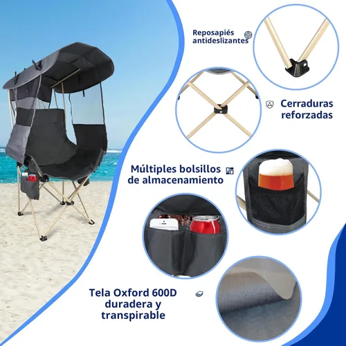 Vista 3 de Sillas de Camping Plegables con Toldo para Exteriores: Silla de Playa Deportiva Portátil con Toldo - Sillas de Playa con Sombrilla para Adultos