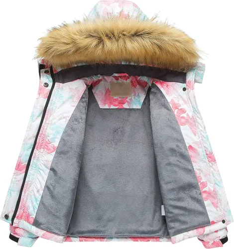 Vista 3 de Pursky Chaqueta de esquí impermeable para niñas, abrigos de nieve de invierno para niños, impermeable, parka