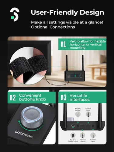 Vista 7 de SOOMFON - Receptor transmisor Bluetooth 5.3 con antena dual para auriculares TV 2 Adaptador óptico 3 en 1 de 0.138 in AUX RCA Bluetooth 5.3