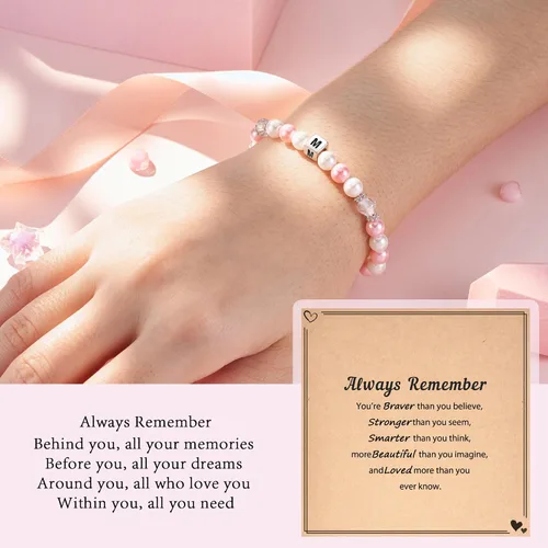 Vista 2 de ASKRAIN Pulsera de perlas rosas y blancas de cumpleaños para niñas