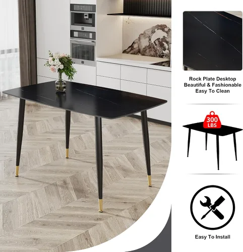 Vista 4 de Mesa de comedor de piedra sinterizada negra de 48.4 pulgadas, mesa de cocina rectangular minimalista con patas de metal negro, mesa de comedor