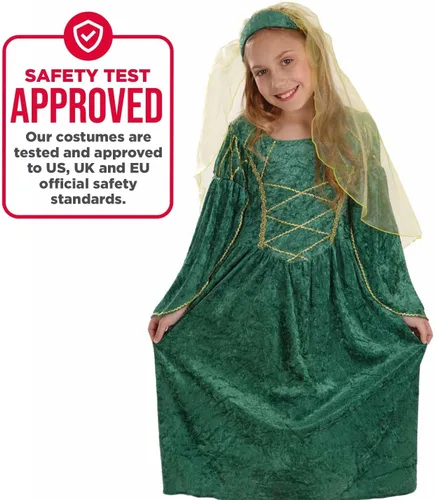 Vista 4 de fun shack Disfraz renacentista verde para niñas, disfraz de princesa medieval para niños, disfraz histórico para niñas