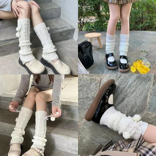 Vista 4 de Calentadores de piernas Harajuku con botón de encaje de punto Harajuku estilo japonés Kawaii Lolita gótico acampanado y holgado