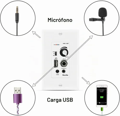 Vista 6 de Herdio Amplificador Bluetooth de pared de 4 canales Control de volumen Placa de pared USB/MIC/AUX (3.5mm) Entradas Conecta 4 altavoces con fuente