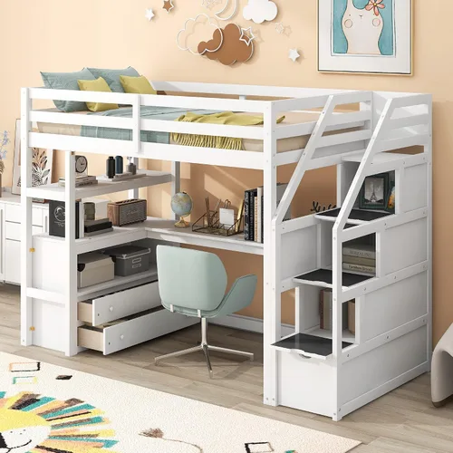 Vista 36 de Cama loft multifuncional de tamaño matrimonial con escritorio integrado, 6 cajones de almacenamiento y estante, marco de cama de madera con escalera