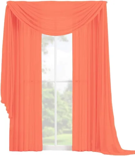 Vista 3 de Decotex Juego de 3 cortinas de gasa transparente para ventana, incluye 2 paneles y 1 bufanda a juego (120 pulgadas de largo, chocolate)