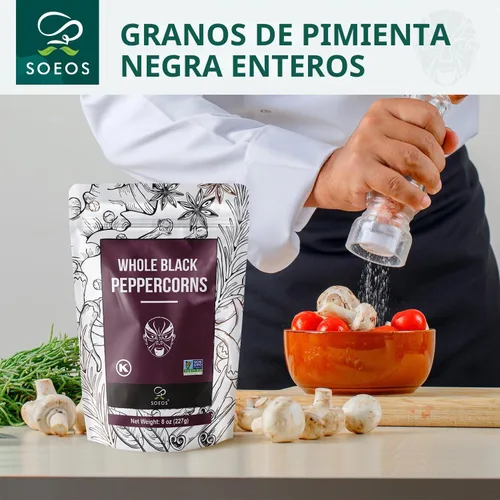 Vista 3 de Soeos Granos de pimienta negra, 8 onzas (paquete de 1), sin OGM, kosher, empacados para mantener los granos de pimienta frescos, pimienta