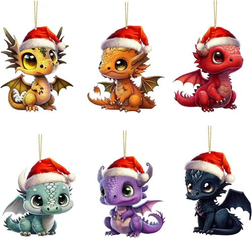 Vista 10 de 6 adornos colgantes para árbol de Navidad de dragón, adorno acrílico para colgar de Navidad, decoración gótica festiva, adorno decorativo