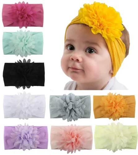 Vista 9 de Diademas de nailon suave para recién nacido, diseño de flores de gasa