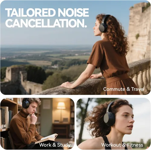 Vista 5 de Audífonos híbridos con cancelación de ruido activa, auriculares inalámbricos Bluetooth sobre la oreja con micrófono, tiempo de reproducción de 60