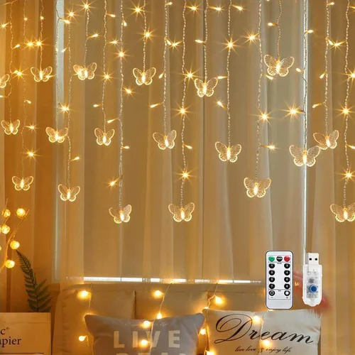 Vista 11 de Guirnalda de luces de cadena de hadas con cortina de mariposa, 120 LED, 8 modos, temporizador alimentado por USB, luz parpadeante de luciérnaga