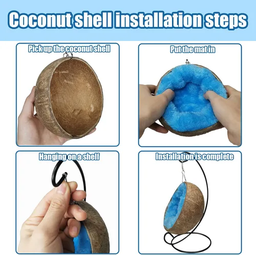 Vista 5 de Fhiny Hamaca escondida de hámster de coco, casa de cama de cáscara de coco cruda natural con almohadilla cálida, decoración de hábitat de animales