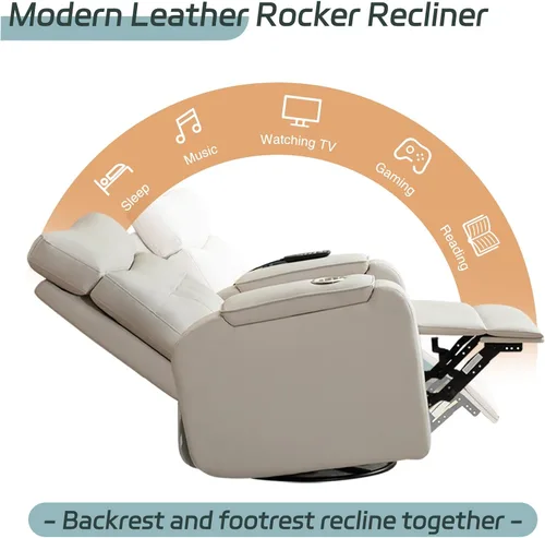 Vista 3 de Rocker - Silla reclinable para cuarto de bebé, mecedora giratoria con calor y masaje, para sala de estar, color gris claro Cuero Gris Claro