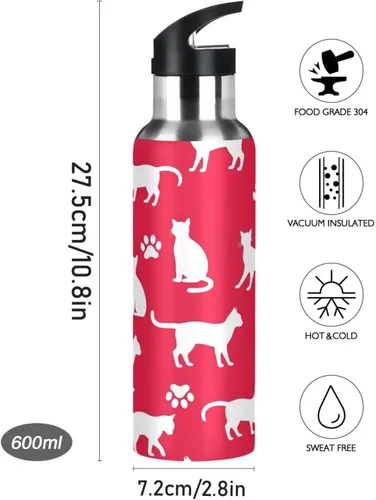 Vista 9 de Insulated Stainless Steel Water Bottle with Straw 32 Oz, Leakproof Water Bottles for Gym Outdoor Travel School, White Cat Paw Prints Red
