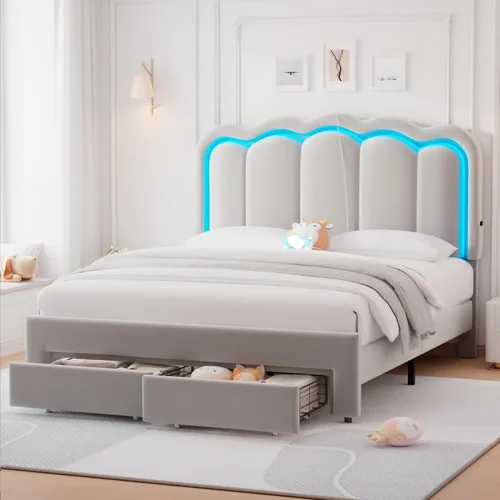 Vista 14 de Marco de cama LED tapizado individual con cajón de almacenamiento y cabecera doble ondulada ajustable, cama de plataforma de terciopelo