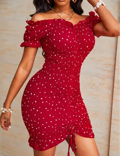 Vista 4 de PRETTYGARDEN Vestido ajustado de verano para mujer, con hombros descubiertos, manga corta, cordón, sexy, mini vestido fruncido para fiesta
