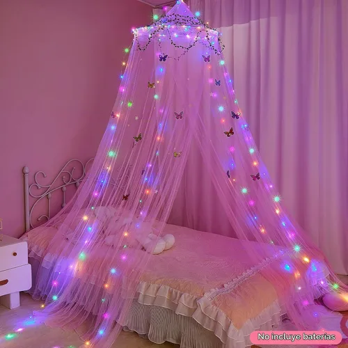 Vista 2 de FIOBEE Toldo de Cama para Habitación de Niñas, Cortinas de Dosel con Luces LED, Mosquitero con Red de Malla, Decoración DIY de Habitación