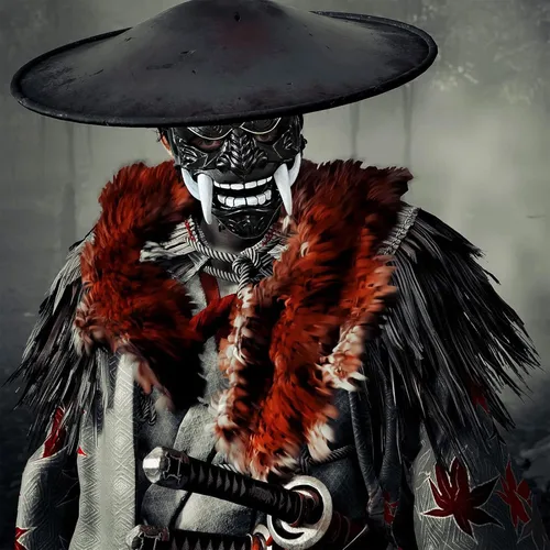 Vista 5 de Máscara japonesa Samurai Hannya Oni, máscaras de látex de cara completa Negro