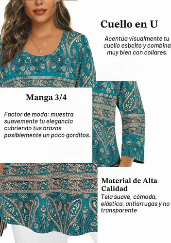 Vista 4 de Tencole Camisas de manga 3/4 para mujer Blusas tipo túnica elegantes Ropa casual con floral Aguamarina Beige