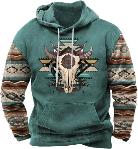 Vista 12 de HOTYD Western Cowboy Hooded Sweatshirt Vintage Aztec Pullover Men Casual Long Sleeve Drawstring Hoodies with Pocket