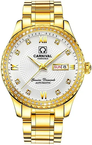 Vista 7 de Carnival Reloj negro para hombre con esfera automática, de acero inoxidable, cristal de zafiro, impermeable, para hombre Dorado (Full Gold)