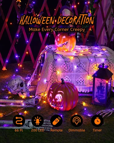 Vista 2 de Luces de Halloween moradas y naranjas de 66 pies para exteriores, 200 luces LED de Halloween con 8 modos, enchufable naranja morado colgante