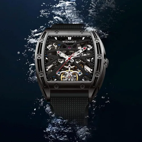 Vista 5 de WISHDOIT Tonneau Watches Automatic Mechanical Stainless Steel Barrel Shaped Case Street Style Wristwatch Waterproof Sapphire Crystal Rubber Strap