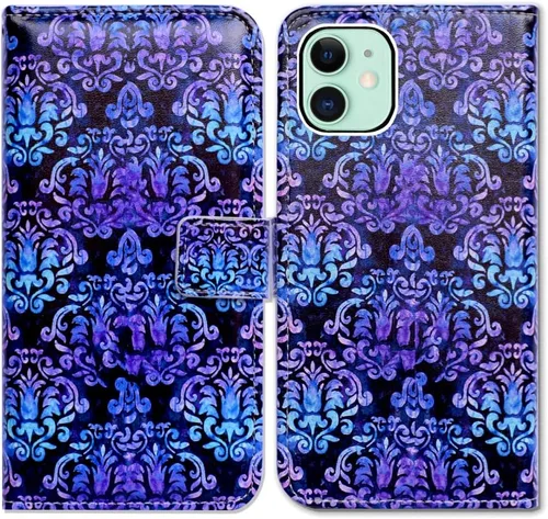 Vista 13 de Bcov Funda para iPhone 11, funda de piel con tapa y función atril para iPhone 11, diseño de flores y mariposas azules