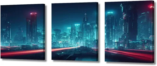 Vista 51 de Cuadros de 3 paneles de Cyberpunk City - Arte de pared de vallas publicitarias de edificios modernos en la capital con obras de arte modernas